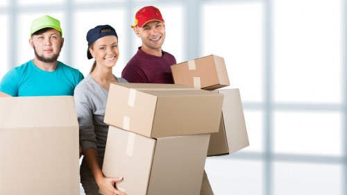 Household and office items prepared for transport by removal van
