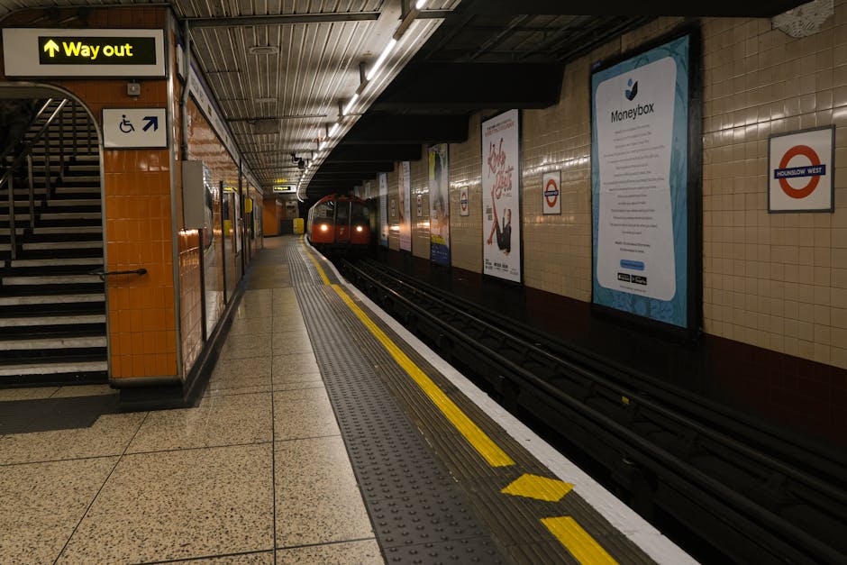 Nighttime view of a London train station platform with a blue and white train waiting at the station. The platform features tactile paving strips along the edge, a covered shelter with metal support b